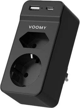 Voomy Verdeelstekker X2S - 2 stopcontacten - 1 USB-C & 1 USB-A poort - Zwart