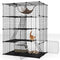 Ruime 4-laagse kattenkooi 143 cm hoog – Zwarte metalen draadkooi met hangmat, plateaus en ladders