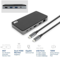ACT AC7093 - USB-C Dockingstation - 2x HDMI 4K MST Ethernet USB-A USB-C PD pass-through