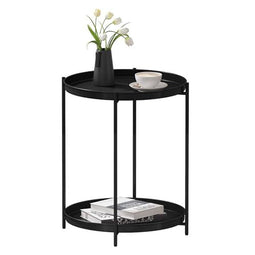 Woltu Salontafel Rond met 2 Verwijderbare Metalen Planken - Zwart - Ø44 cm - Lage Bijzettafel voor