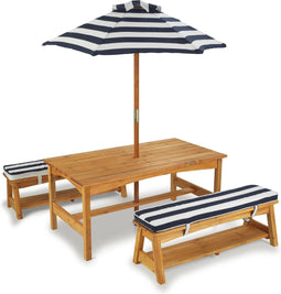 KidKraft Houten Kinder Buitentafel - Set met 2 Bankjes - Inclusief Inklapbare Parasol - Marineblauw/Hout (1 set)
