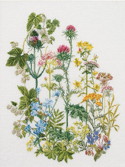 Thea Gouverneur - Borduurpakket met telpatroon - 424 - Voorgesorteerde DMC Garens - Wilde kruiden - Linnen - 35 cm x 46 cm - DIY Kit