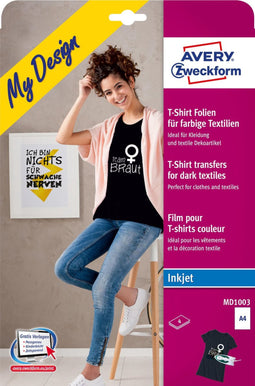 Avery-Zweckform My Design T-Shirt MD1003 Inkjet-textielfolie DIN A4 Voor gekleurd textiel, Geoptimaliseerd voor inkjet