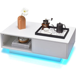 Moderne Salontafel met LED-verlichting – Hoogglans Wit – Open Vak, Lade & Afstandsbediening