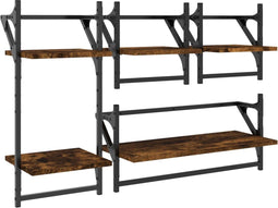 vidaXL - 4-delige - Wandschappenset - met - stangen - bewerkt - hout - gerookt - eiken