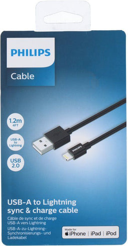 Philips USB A naar Lightning Kabel - Apple Lightning - 1.22 M - Zwart