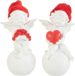 J-Line figuur Engel Op Bal Hoed - polyresin - rood/wit - large - 2 stuks