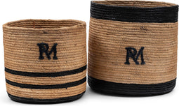 Riviera Maison Opbergmanden Naturel - Striped Monogram Rieten Manden Set - Bananenblad (ØxH) 30x30.5