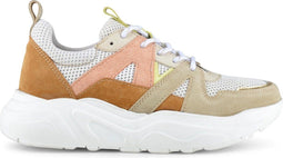 PS Poelman Year - Dames Leren Chunky Runner Sneaker - Mesh en Suéde - Beige Cognac Peach - Maat 38