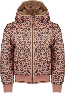 Nono Bella - Meisjes Jas - Waterafstotend met capuchon - Vintage roze luipaardprint - Maat 134/140