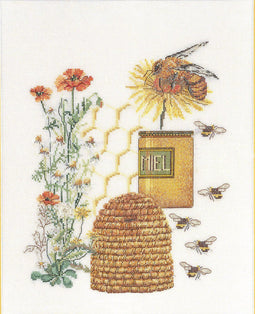 Thea Gouverneur - Borduurpakket met telpatroon - 3016 - Voorgesorteerde DMC Garens - Honing Merklap - Linnen - 27 cm x 35 cm - DIY Kit