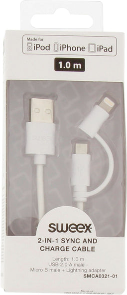 Sweex 2-in-1 Data en Oplaadkabel USB 2.0 / Micro-USB + Lightning - MFi gecertificeerd - Wit