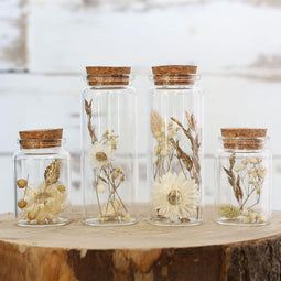 Droogbloemen in glas - Set van 4 - Gedroogde bloemendecoratie - Hoogte klein 7,5 cm en groot 12,5 cm (set van 4)