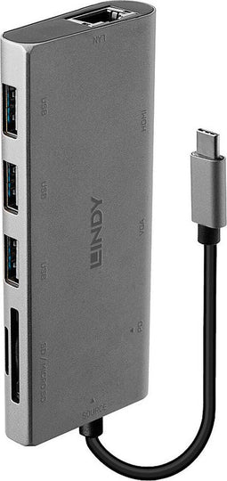 Lindy 43278 - USB-C Converter - 3x USB 3.2 Gen 1 - HDMI VGA RJ45 - Grijs