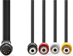 DIN-Audiokabel - DIN 5-Pins Male - 4x RCA Female - Vernikkeld - 0.20 m - Rond - PVC - Zwart - Envelop