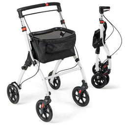 Coast Rollator - Smalle Opvouwbare Loopwagen - Dienblad Mand Remmen - Wit/Zwart