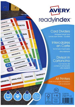 Tabbladen Avery Readyindex 9-gaats 12-delig 1-12 extra breed assorti - 10 stuks