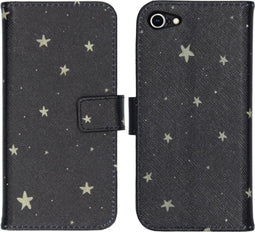 iMoshion Hoesje Geschikt voor iPhone SE (2022) / SE (2020) / 8 / 7 Hoesje Met Pasjeshouder - iMoshion Design Softcase Bookcase - Goud / Zwart / Stars Gold