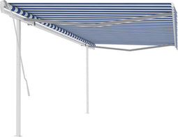 vidaXL - Luifel - handmatig - uittrekbaar - met - palen - 5x3 - m - blauw - en - wit