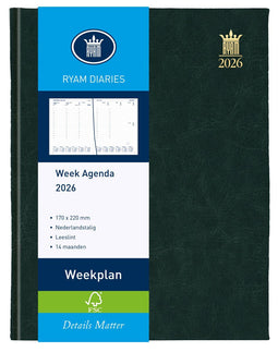 Ryam - Bureau agenda - Weekplan 14 mnd 170 x 220 mm genaaid gebonden zwart (2026)