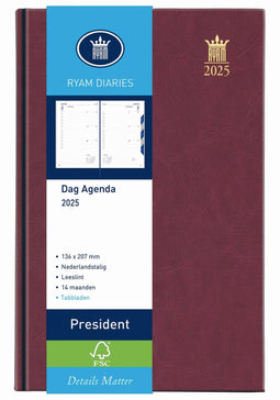Ryam | Bureau agenda | President Wit NL Mundior | 2025 | Genaaid gebonden | 136 x 207 mm | 14 mnd | Bordeaux |