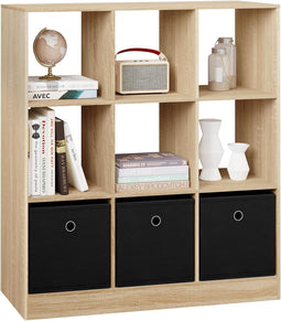 Woltu Boekenkast 9 Vakken 3 Stoffen Lades - Melaminehout Licht Eiken 80x30x86,5 cm