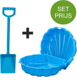 Zandbak schelp en plastic schep 50 cm lang blauw