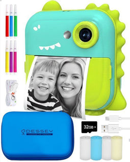 ODESSEY Kindercamera Dino - Instant print - 48MP foto's - HD video - Bluetooth - 32GB SD kaart
