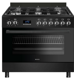 Wiggo WO‑E969R - Vrijstaand gasfornuis - 90 cm - 6 kookzones met dubbele wokbrander - Zwart