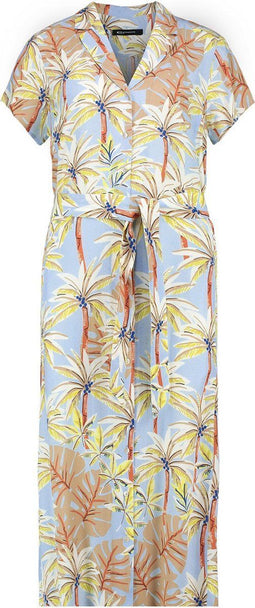 Expresso Ellison - Midi-jurk - Korte mouwen V-hals - Palmbomenprint lichtblauw/beige/oranje