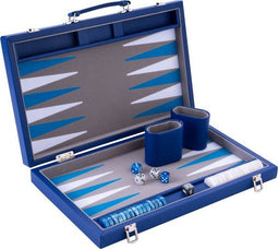 Engelhart Backgammon - 18 inch - Grijs Blauw Wit Ingelegd Bord - Sky Blue Koffer met Handvat