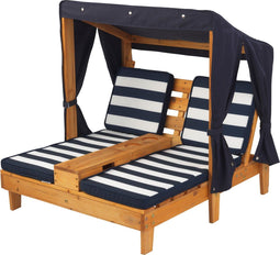 KidKraft Tweepersoons chaise longue - Met bekerhouders - Honingkleur met blauwe en witte strepen