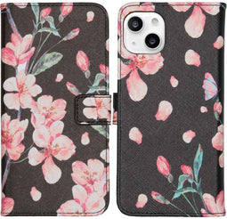 iMoshion Hoesje Geschikt voor iPhone 13 Hoesje Met Pasjeshouder - iMoshion Design Softcase Bookcase - Zwart / Blossom Watercolor Black