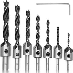 7-delige verzinkset met sleutel, 3 4 5 6 7 8 10 mm, houtbewerking afschuining koolstofstaal boorset, verzinkset voor kunststof, hout