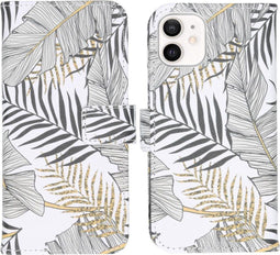 iMoshion Hoesje Geschikt voor iPhone 12 Mini Hoesje Met Pasjeshouder - iMoshion Design Softcase Bookcase - Wit / Zwart / Goud / Glamour Botanic