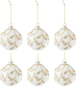 J-Line kerstbal Druppels Pailletten - glas - wit/goud - doos van 6