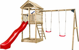Houten Speeltoestel Daan (SwingKing) | Speeltoren met Glijbaan en Dubbele Schommel voor Buiten in de Tuin | FSC Hout - Glijbaan Rood