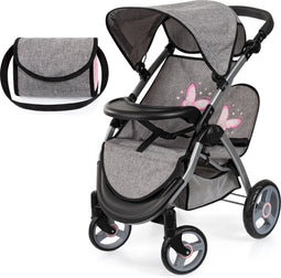 Bayer Design Twin Xeo - Tweeling poppenwagen - Verstelbare duwstang - Jeans-grijs roze