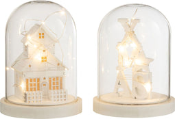 J-Line decoratie Stolp Winter - hout/glas - wit - 2 stuks - LED lichtjes