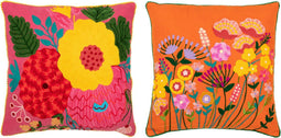 J-Line kussen Bloemen Geborduurd - katoen/polyester - oranje/roze - 2 stuks