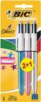 BIC 4 Kleuren Shine Uitschuifbare Balpennen - Diverse Metalen Hulzen - Pak van 3 Stuks - Medium Punt 1.0 mm