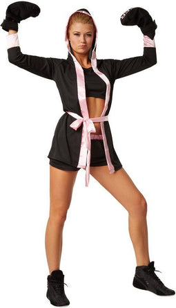 Dressforfun Vrouwenkostuum - Bokskostuum - Inclusief bokshandschoenen en jas - Zwart / Roze (M)