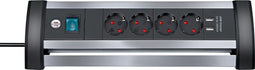 Brennenstuhl Alu-Office-Line Stekkerdoos 4-voudig met schakelaar (Stekkerdoos ideaal voor op het bureau, 1,8 m kabel, 2-voudig USB 3.1 A, Made in Germany) zilver/zwart