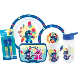 Serviesset - FUN HOUSE - STITCH AND ANGEL - Glas, bord Ø22 cm en Ø16 cm, bestek, waterfles en sna...