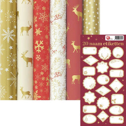 Benza WINTERCHARM - Cadeaupapier set - 7 rollen 200 x 70 cm met luxe labels - Multikleur (7 stuks)