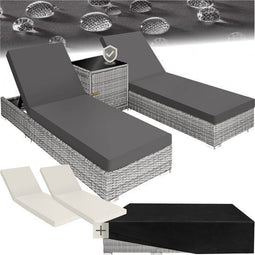 Luxe wicker ligbedden set - 2 ligbedden met tafel - verstelbare rugleuning - lichtgrijs