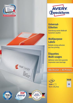 Avery Zweckform 3668 - Universele Etiketten - 52,5 x 21,2 mm permanent klevend - wit (100 vellen)