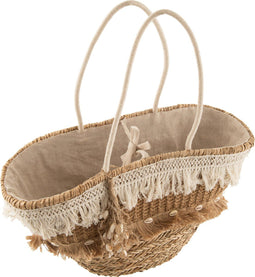 J-Line strandtas Riet Kwastjes - jute - naturel/ecru