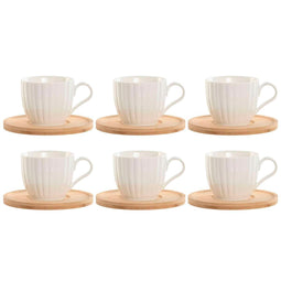 Set van 6 kopjes met schotel Home ESPRIT Wit Natuurlijk Bamboe Porselein 220 ml