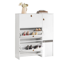 SoBuy Schoenenkast - 3 Lades - Uitschuifbare Kruk - 95 x 30 x 121 cm - Wit